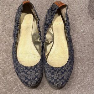 Coach Navy Signature Canvas Ballet Flats with Tan Trim